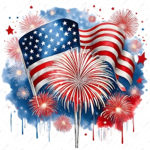 9 PNG USA Flag&Fireworks Watercolor Clipart, Bandiera americana del Labor Day, USA Flag Clipart, Patriottismo Shirt Dtf, Stampabile Watercolor Wall Art