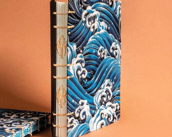 Wave Japanese Fabric Journal, Coptic Stitch Notebook A5 A6, Sketchbook, Diary, Ocean Lover Gift