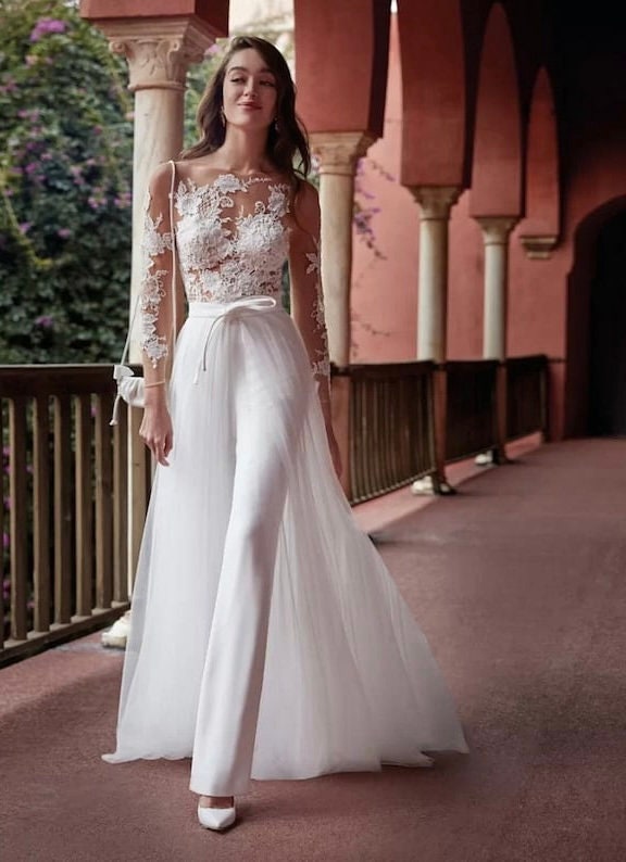 Wedding pantsuit shop with train