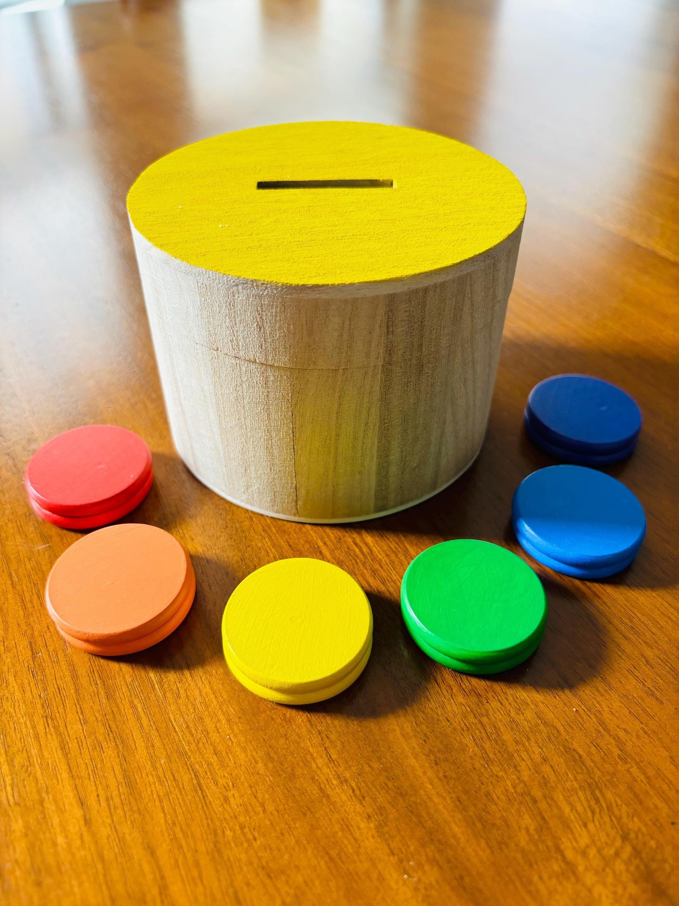 Montessori Kids Toy Posting Box Fine Motor Skills Occupational Therapy Wooden Coin Rainbow Color Sorting Hand Painted Gift