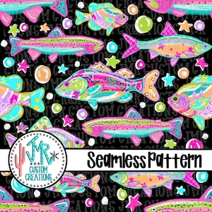 May include: A seamless pattern featuring colorful fish illustrations with star and bubble accents on a black background. The fish are in shades of pink, teal, orange, and yellow. The text "Seamless Pattern" is displayed.