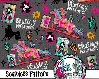 Western Barrel Racer Seamless Pattern: Neon Rodeo (JPG Digital Paper)