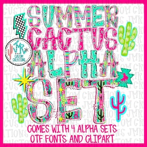 Puede incluir: Un gráfico digital que presenta el texto SUMMER CACTUS ALPHA SET en una fuente colorida y estampada con tonos rosa, turquesa y verde. La imagen incluye un rayo a cuadros en blanco y negro, varias ilustraciones de cactus y un logotipo circular.