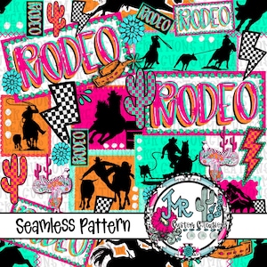 Może przedstawiać: Żywy bezszwowy wzór z napisem "RODEO" w odważnym, kolorowym designie. Wzór zawiera kaktusy, błyskawice i sylwetki kowbojów i wydarzeń rodeo w stylu patchwork. Tekst "Seamless Pattern" znajduje się na dole.