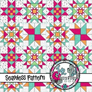 May include: A seamless pattern featuring star-shaped designs in vibrant colors. The design incorporates pink, orange, teal, and green geometric shapes on a white background. The words "Seamless Pattern" are displayed at the bottom.