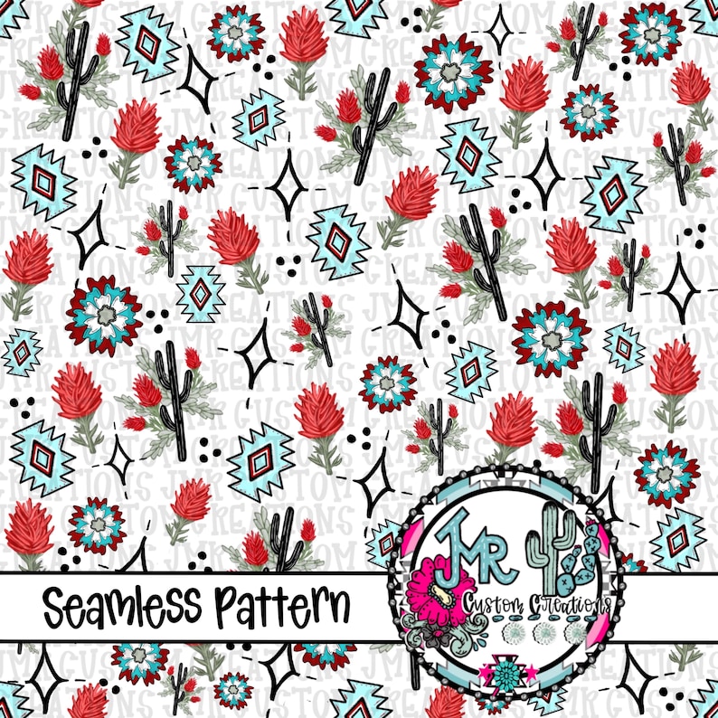 Western Aztec Cactus Flower Seamless Pattern: JPG Digital Paper - Etsy