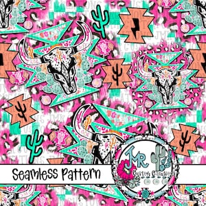 May include: A seamless pattern with a repeating design of a bull skull, cacti, and geometric shapes in pink, turquoise, and peach. The background has a leopard print pattern. The text "Seamless Pattern" is at the bottom.