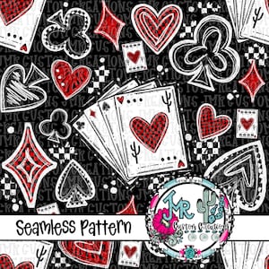 Op de afbeelding: Naadloos patroon met speelkaartsymbolen en individuele kaarten in rood, wit en zwart. Het ontwerp bevat harten, ruiten, klaveren en schoppen, met een dambordpatroon in de rode elementen. De tekst "Seamless Pattern" is zichtbaar.
