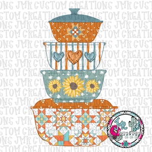 May include: A stack of four decorative ceramic bowls with lids. The bowls are in shades of orange, teal, and white, featuring patterns like sunflowers, hearts, and geometric designs. The top bowl has a lid. The bottom bowl has a geometric pattern.