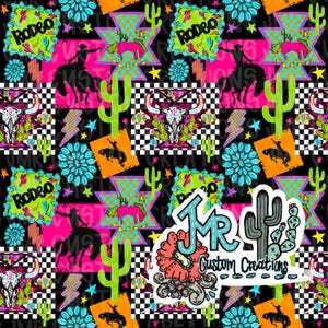 Könnte beinhalten: Ein lebhaftes, sich wiederholendes Muster mit Rodeo-Motiven. Das Design umfasst Kakteen, Cowboy-Silhouetten, Bullenschädel und das Wort "Rodeo" in Neongrün. Die Farbpalette ist kräftig, mit pinken, türkisen und orangenen Akzenten auf schwarzem Hintergrund.