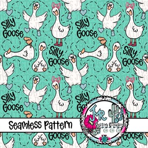 May include: Seamless pattern featuring cartoon geese in various poses, some wearing bows and boots, set against a teal background with hearts and the words "Silly Goose". The design includes the text "Seamless Pattern" and a logo.