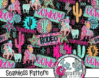 Naadloos Western Neon Rodeo Team Roping Digitaal Patroon Papier: JPG