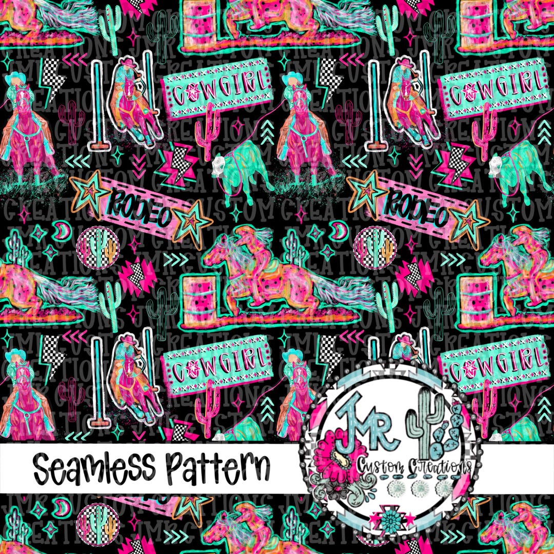 Neon Rodeo Cowgirl Seamless Pattern: Western Events Digital Design (JPG ...