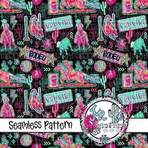 Neon Rodeo Cowgirl Seamless Pattern: Western Events Digital Design (JPG)