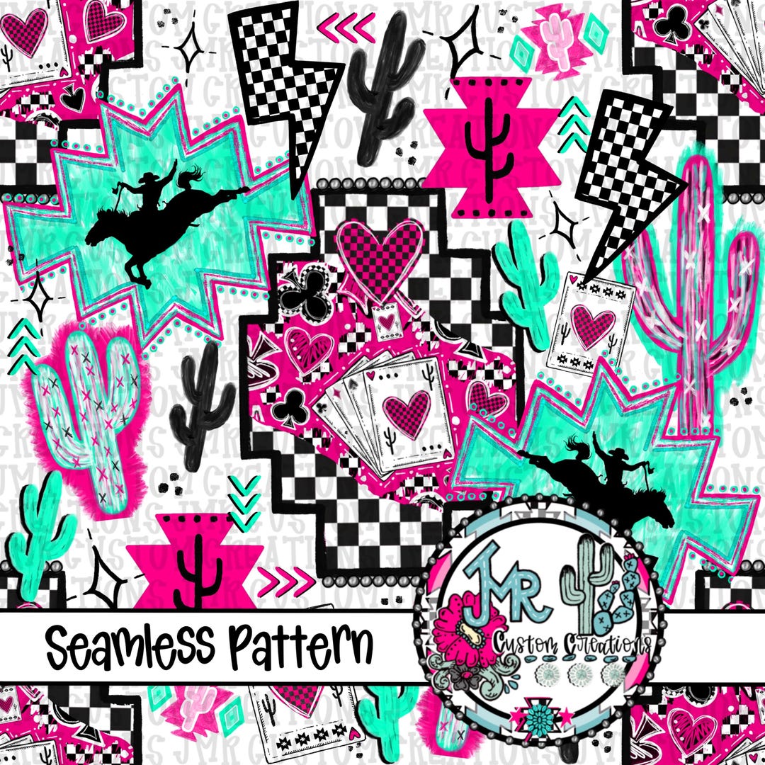 Neon Rodeo Seamless Pattern: Western Bucking Horse JPG (digital ...