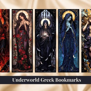 Peut inclure: Ensemble de cinq marque-pages représentant des figures grecques des enfers. Chaque marque-page présente un personnage différent dans un style vitrail, avec des couleurs vives et des détails complexes. Le texte "Underworld Greek Bookmarks" est en bas.
