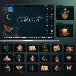 May include: A laptop screen displaying a "Witchy Paradise Desktop Set" with custom icons. The design features a crescent moon, butterfly, and various themed folder icons in shades of teal, pink, and gold. The set includes a perfume bottle, candle, and other mystical elements.