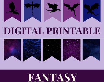 Könnte beinhalten: Digital druckbares Fantasy-Banner mit Drachensilhouetten und Galaxienhintergründen. Das Banner enthält den Text "DIGITAL PRINTABLE" und "FANTASY". Sofortiger Download.