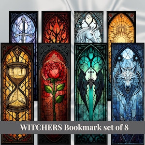 May include: Set of 8 "WITCHERS" bookmarks with stained glass designs. Each bookmark features a different image, including a sword, tree, unicorn, sun, hourglass, rose, bat, and wolf. The bookmarks are rectangular and have a dark border.