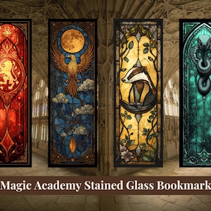 May include: Four stained glass bookmarks with black frames. Designs include a lion, eagle, badger, and serpent. The bookmarks are in shades of red, blue, yellow, and green. Text at the bottom reads "Magic Academy Stained Glass Bookmarks."