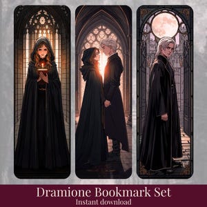 May include: Set of three bookmarks featuring illustrations of characters in gothic settings. The characters are wearing black cloaks and robes. The bookmarks have a burgundy border and the text "Dramione Bookmark Set" and "Instant download".