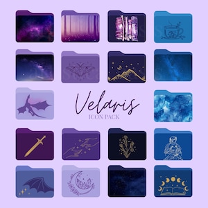 May include: A collection of sixteen digital folder icons in shades of purple and blue, featuring various illustrations. The icons include images of a galaxy, forest, books, a teacup, a dragon, a moth, mountains, and more. The text "Velaris Icon Pack" is displayed.