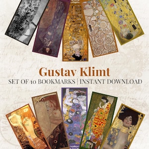 May include: A collection of ten bookmarks showcasing Gustav Klimt's art. The bookmarks feature paintings with gold, purple, and green hues. Text on the bookmarks includes titles such as "Medicine" and "The Kiss". The words "Gustav Klimt" and "Set of 10 Bookmarks | Instant Download" are also visible.