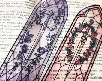 Stained Glass Sword and Roses Bookmark - Fantasy Reader Gift