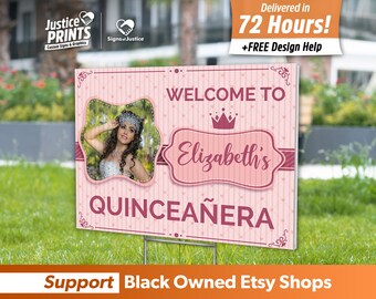 May include: Pink and white welcome sign with a photo of a young woman in a tiara and a white dress. The sign says "Welcome to Elizabeth's Quinceañera".