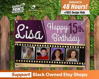 May include: Purple and pink banner with the text "Lisa Happy 15th Birthday" and a film strip with four photos of people.