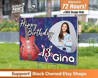 May include: A blue and pink birthday sign with a guitar, stars, and the text "Happy Birthday 13 Gina".