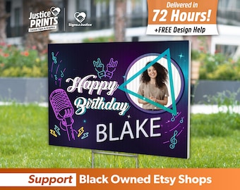May include: A neon pink and purple birthday sign with a microphone, music notes, and the text "Happy Birthday BLAKE". A photo of a person is in the center of the sign.