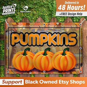 May include: A banner with a fall theme featuring three orange pumpkins and the text "PUMPKINS" in a black outline. The banner has a brown background with a pattern of fall leaves and berries. The text "Support Black Owned Etsy Shops" is at the bottom of the banner.