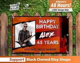 May include: A personalized birthday banner with a photo of a man playing a guitar, the text "HAPPY BIRTHDAY Alex 45 YEARS" and the phrase "LIVE FAST, ROCK HARDER". The banner has an orange and black color scheme.