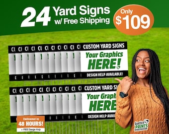 May include: A set of 24 white yard signs with black borders. The signs are blank except for the text "Your Graphics HERE!" and "DESIGN HELP AVAILABLE!" on the two largest signs. The signs are displayed on a green lawn with a woman holding a sign and smiling.