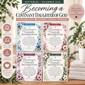 Op de afbeelding: Een set van vier posters van 20x25 cm met de titel Becoming a Covenant Daughter of God voor september tot december 2026. Elke poster heeft bloemrijke randen in blauw, rood, paars en groen met inspirerende tekst voor jonge vrouwen.
