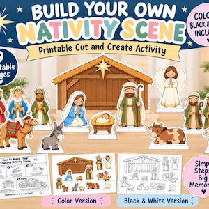 May include: A printable Build Your Own Nativity Scene activity set featuring 9 pages of cut-out figures including a stable, manger, angel, shepherds, wise men, and animals. Includes both color and black and white versions with instructions.