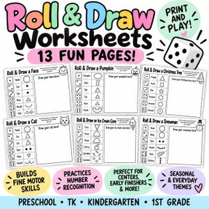 May include: A set of 13 Roll & Draw worksheets featuring black and white activity pages for drawing faces, pumpkins, Christmas trees, cats, ice cream cones, and snowmen. Each page includes a dice roll chart and a blank drawing space.