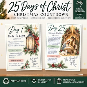 May include: A set of 26 Christmas countdown cards titled 25 Days of Christ. Each card features daily scripture, service ideas, and reflection questions. One card shows a lantern and Day 1, while another shows a nativity scene and Day 25.