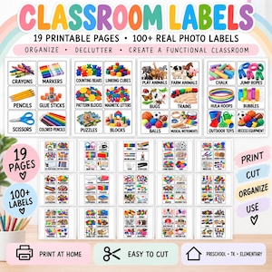 Könnte beinhalten: Ein digitales Download-Set mit Klassenzimmer-Etiketten, bestehend aus 19 druckbaren Seiten mit über 100 echten Foto-Etiketten. Der Text umfasst Classroom Labels, 19 Printable Pages, 100+ Real Photo Labels, Organize, Declutter, Create a Functional Classroom.