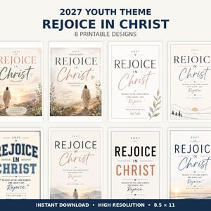 Puede incluir: Un conjunto de ocho diseños imprimibles con el tema juvenil 2027 REJOICE IN CHRIST. Cada póster rectangular muestra tipografía variada, detalles florales, ilustraciones de paisajes y la referencia bíblica Philippians 4:4 en 21.6 x 27.9 cm.
