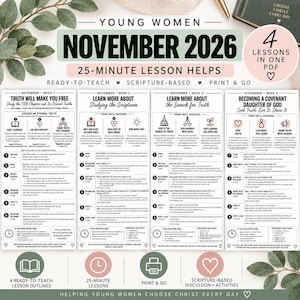 Puede incluir: Un plan de lecciones digital para noviembre de 2026 titulado Young Women, que presenta cuatro esquemas semanales basados en las escrituras. El documento incluye los títulos Truth Will Make You Free, Learn More About Studying the Scriptures, The Search for Truth y Becoming a Covenant Daughter of God.
