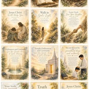 May include: A collection of twelve religious art prints featuring watercolor-style illustrations of biblical scenes, each accompanied by inspirational text, scripture references, and decorative floral borders in soft, warm, and earthy tones.