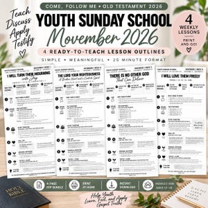 May include: A digital lesson plan set for Youth Sunday School November 2026, featuring four weekly outlines titled I Will Turn Their Mourning into Joy, The Lord Your Righteousness, There Is No Other God That Can Deliver, and I Will Love Them Freely.