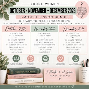 May include: A 3-month lesson bundle for October, November, and December 2026, featuring 12 scripture-based lesson helps with discussion questions and teaching ideas. The graphic includes text, icons, and a stack of three books titled The Book of Mormon, Doctrine and Covenants, and Pearl of Great Price.