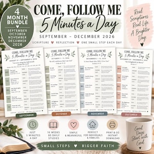 Op de afbeelding: Een viermaandenbundel van Come, Follow Me 5 Minutes a Day studiegidsen voor september tot december 2026. De documenten bevatten dagelijkse schriftteksten, reflecties en stappen, naast iconen voor tijd, lezen, harten en huizen.