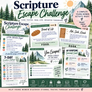 Op de afbeelding: Een Scripture Escape Challenge activiteitenpakket met een installatiegids, hintkaarten met illustraties van brood en een deur, een eindberichtkaart en een 7-daagse schriftuitdaging, versierd met berg- en bosafbeeldingen.