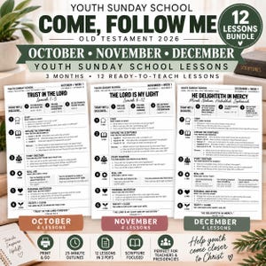 May include: A digital bundle of 12 Youth Sunday School lessons for the Old Testament 2026, covering October, November, and December. The document includes three lesson outlines titled Trust in the Lord, The Lord is My Light, and He Delighteth in Mercy.