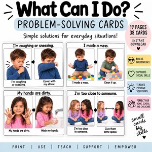 Wat kan ik doen? Probleemoplossende kaarten voor kinderen | Visueel materiaal voor de kleuterklas | Kaarten voor sociale vaardigheden en zelfstandigheid | Printbaar materiaal voor sociaal-emotioneel leren
