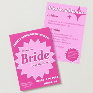 Pink Come on Bride, Let’s Go Party Bachelorette Itinerary and Invitation. Customizable Digital Template